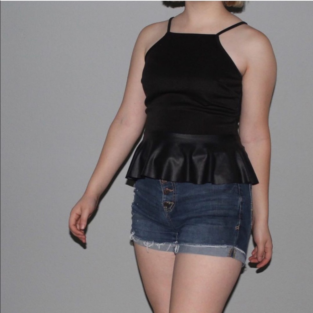 Black halter top with leather trim